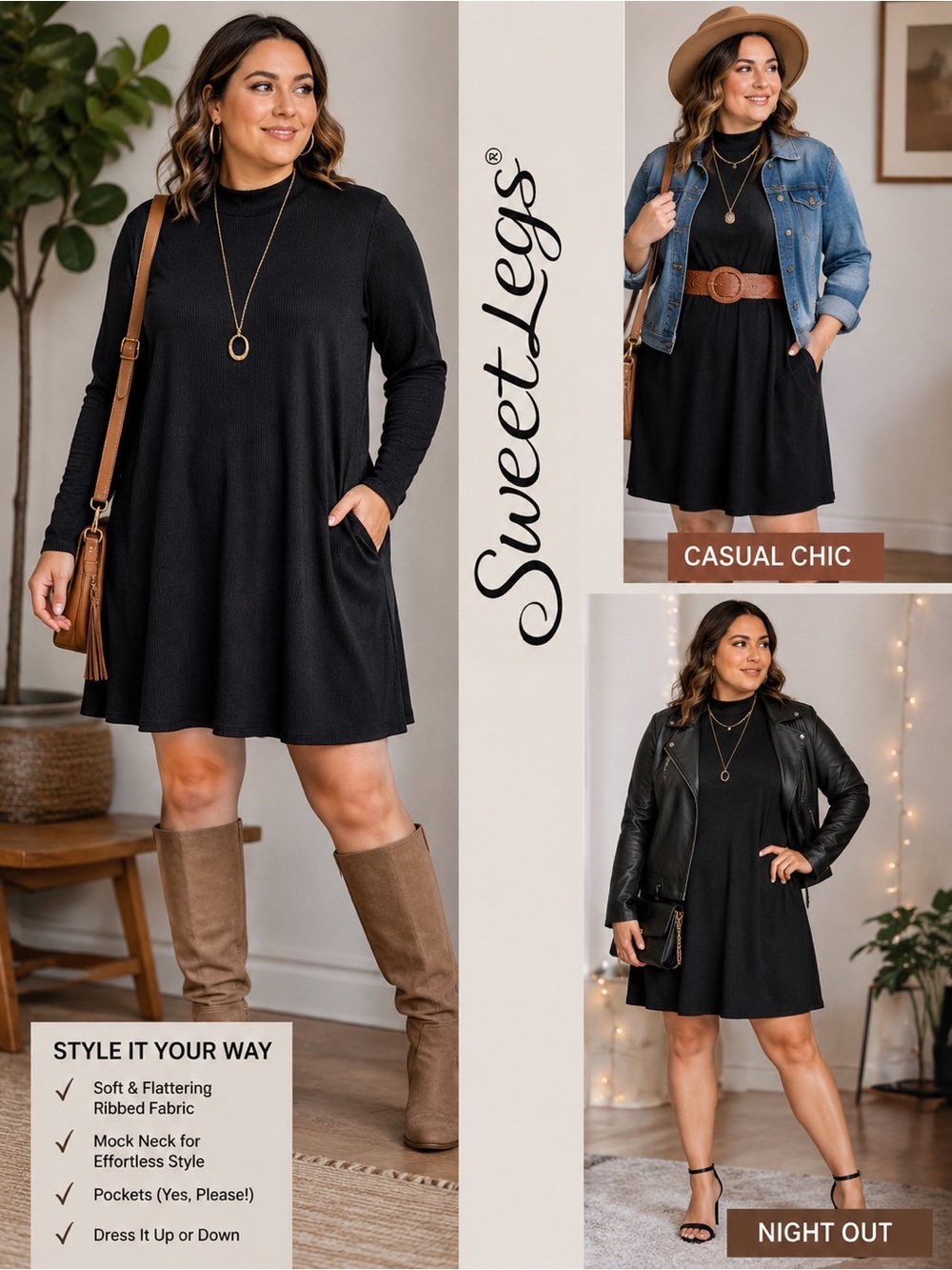 🖤 SweetLegs Black Mock Neck Long-Sleeve Swing Dress with Pockets